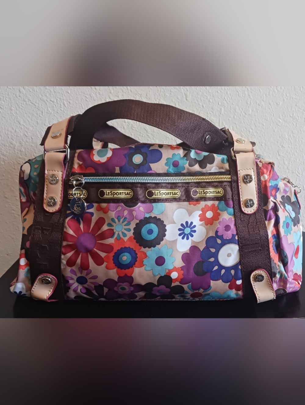 LeSportsac Shoulder Bag Purse Multicolor Floral With Zip Front Pockets